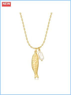 14k Gold Plated Fish Pendant Necklace Pearl Charm Ball Chain Boho Beach Summer